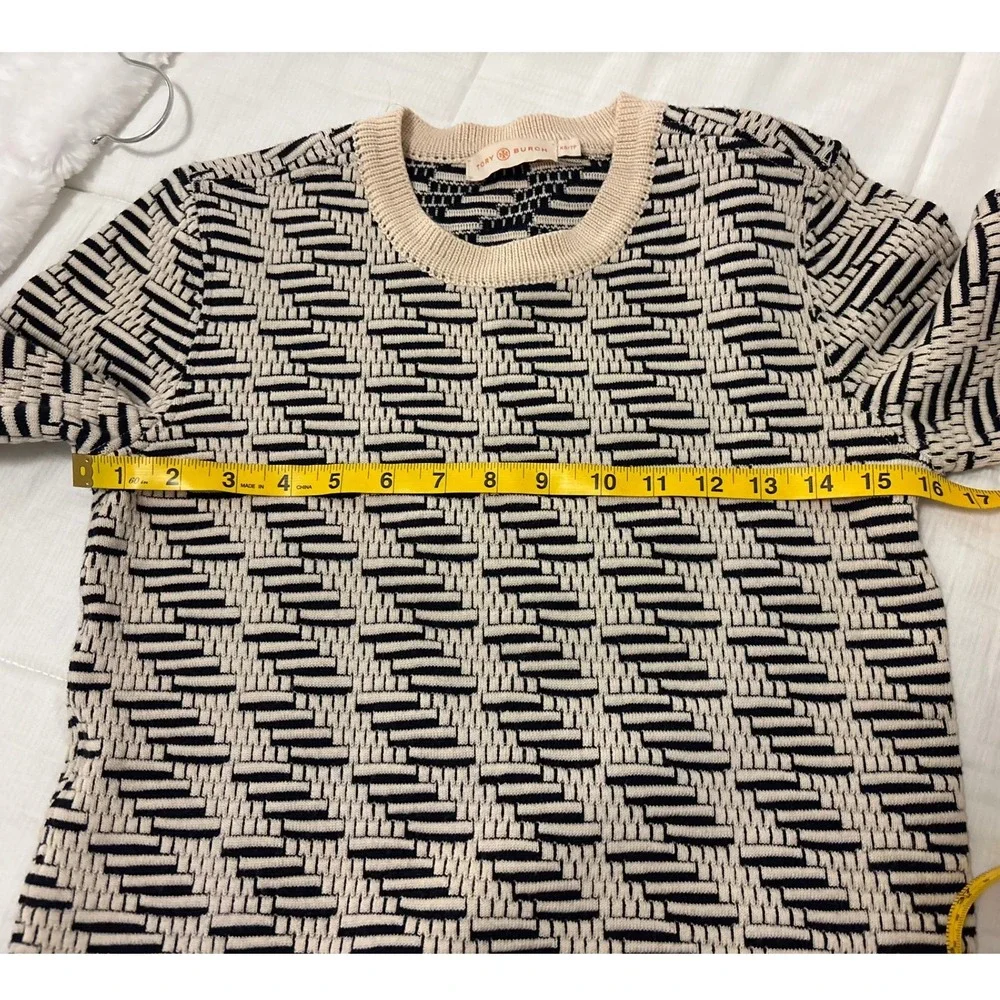 Tory Burch Wool Blend Jacquard Navy Cream Braided Trim Sweater SZ XS Preppy